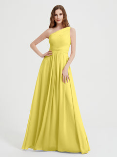One Shoulder Dresses with Pleated Bodice Lemon