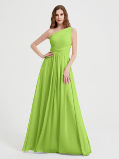 One Shoulder Dresses with Pleated Bodice Lime Green