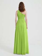 One Shoulder Dresses with Pleated Bodice Lime Green