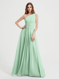 One Shoulder Dresses with Pleated Bodice Mint Green