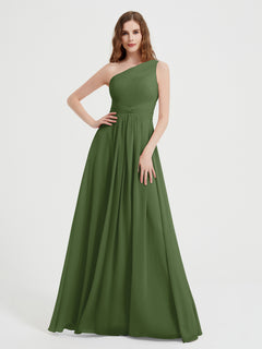 One Shoulder Dresses with Pleated Bodice Moss