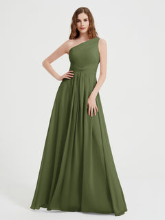 One Shoulder Dresses with Pleated Bodice Olive Green Plus Size