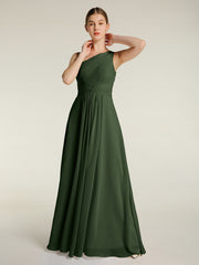 One Shoulder Dresses with Pleated Bodice Olive Green