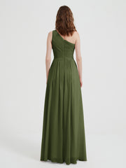 One Shoulder Dresses with Pleated Bodice Olive Green