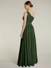 One Shoulder Dresses with Pleated Bodice Olive Green