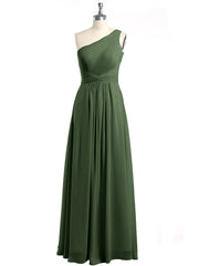 One Shoulder Dresses with Pleated Bodice Olive Green