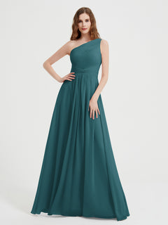 One Shoulder Dresses with Pleated Bodice Peacock
