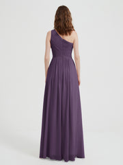 One Shoulder Dresses with Pleated Bodice Plum