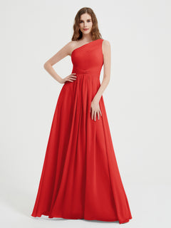 One Shoulder Dresses with Pleated Bodice Red