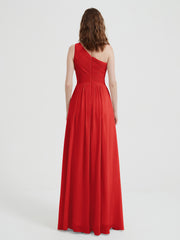 One Shoulder Dresses with Pleated Bodice Red