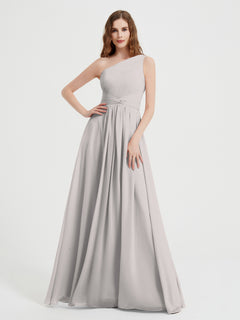 One Shoulder Dresses with Pleated Bodice Silver