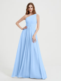 One Shoulder Dresses with Pleated Bodice Sky Blue