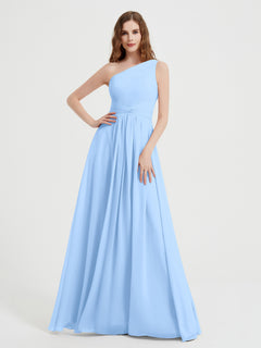 One Shoulder Dresses with Pleated Bodice Sky Blue Plus Size