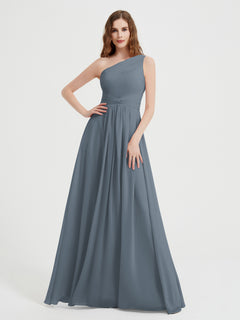 One Shoulder Dresses with Pleated Bodice Slate Blue Plus Size