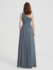 One Shoulder Dresses with Pleated Bodice Slate Blue