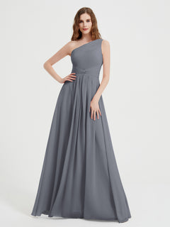 One Shoulder Dresses with Pleated Bodice Steel Grey