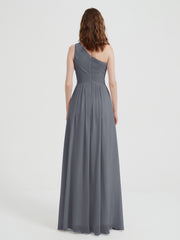 One Shoulder Dresses with Pleated Bodice Steel Grey