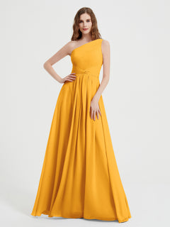 One Shoulder Dresses with Pleated Bodice Tangerine