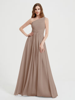 One Shoulder Dresses with Pleated Bodice Taupe