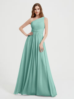 One Shoulder Dresses with Pleated Bodice Turquoise