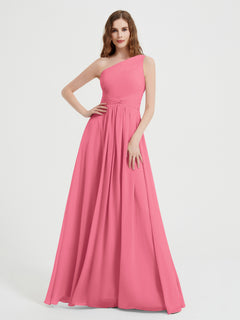 One Shoulder Dresses with Pleated Bodice Watermelon