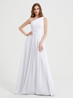 One Shoulder Dresses with Pleated Bodice White