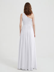 One Shoulder Dresses with Pleated Bodice White