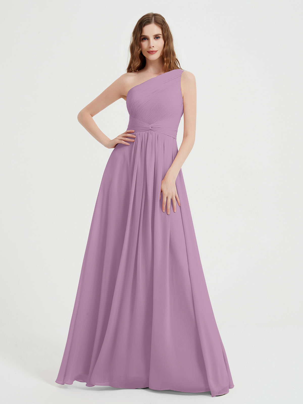 BABARONI Chiffon Wisteria Bridesmaid Dresses One Shoulder Floor-length Sleeveless Ruched A-line, Wisteria / US0