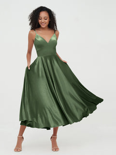 Spaghetti Straps Velvet Midi Dresses with Pockets Olive Green Plus Size