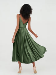 Spaghetti Straps Velvet Midi Dresses with Pockets Olive Green Plus Size