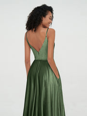 Spaghetti Straps Velvet Midi Dresses with Pockets Olive Green Plus Size
