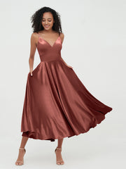 Spaghetti Straps Velvet Midi Dresses with Pockets Terracotta