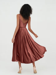 Spaghetti Straps Velvet Midi Dresses with Pockets Terracotta