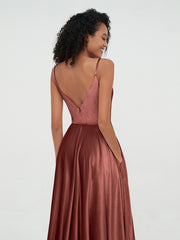 Spaghetti Straps Velvet Midi Dresses with Pockets Terracotta