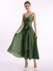 Spaghetti Strap T length Dress with Sash Bow Olive Green Plus Size