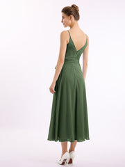 Spaghetti Strap T length Dress with Sash Bow Olive Green Plus Size