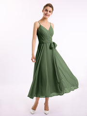 Spaghetti Strap T length Dress with Sash Bow Olive Green