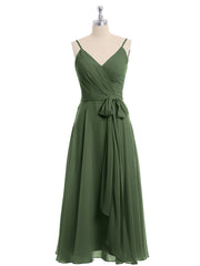 Spaghetti Strap T length Dress with Sash Bow Olive Green Plus Size