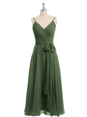 Spaghetti Strap T length Dress with Sash Bow Olive Green