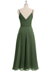 Spaghetti Strap T length Dress with Sash Bow Olive Green
