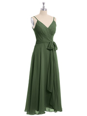 Spaghetti Strap T length Dress with Sash Bow Olive Green