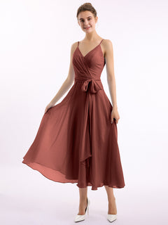 Spaghetti Strap T length Dress with Sash Bow Terracotta