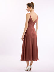 Spaghetti Strap T length Dress with Sash Bow Terracotta Plus Size