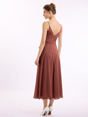 Spaghetti Strap T length Dress with Sash Bow Terracotta