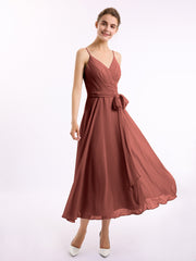 Spaghetti Strap T length Dress with Sash Bow Terracotta