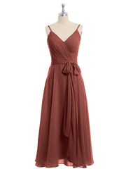 Spaghetti Strap T length Dress with Sash Bow Terracotta