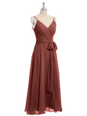 Spaghetti Strap T length Dress with Sash Bow Terracotta