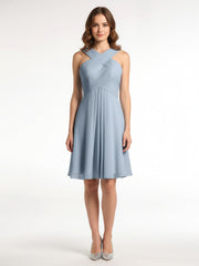 Cross Front Empire Waist Short Bridesmaid Dress Dusty Blue