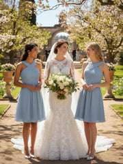 Cross Front Empire Waist Short Bridesmaid Dress Dusty Blue