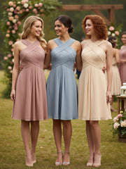 Cross Front Empire Waist Short Bridesmaid Dress Dusty Blue